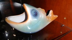 Retro ceramic industrial artist Hungary Budapest table decoration, iridescent fish figure with open mouth, jewelry holder
