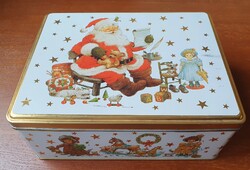 Régi karácsonyi fémdoboz pléh doboz süteményes kekszes nagy méretű tároló díszdoboz