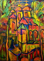Eastern European painter (with Cyrillic markings) church with three towers