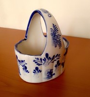 Blue and white old Dutch glazed mini porcelain basket with handles, flower pattern windmill, flawless