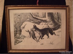 E10 fox prey marked etching with glass plate 40x30cm rarity