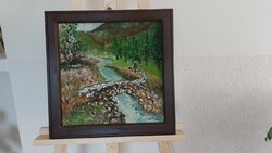 (K) Sédli István József festmény 42x42 cm kerettel patak kőhíd birkák