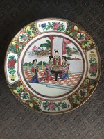 Canton mintás, régi kínaizáló tál, csodálatos kézi festés, arany alapú