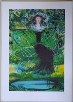 EREDETI, ALÁÍRT, SZÁMOZOTT KASS JÁNOS SZITANYOMAT „Green lady” (zöld hölgy) c. egyedi alkotás 68×48