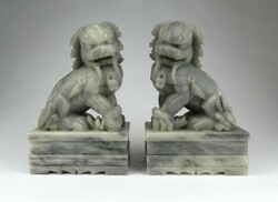 1J456 old carved mineral fo dog statue pair 16.5 Cm