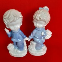 Porcelain girl and boy statue, blue and white ornament. ( 2 pcs)