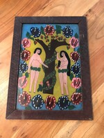 Transylvanian hand-painted glass icon: Adam and Eve