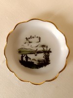 Régi Aquincum porcelán mini tálka tányérka, kézzel festett, Balaton, jelzett számozott, babatányér