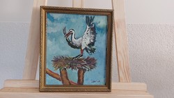 (K) József István Sédli painting 27x24 cm with frame Stork