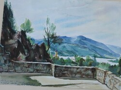 Visegrád view from the Matthias Palace - watercolor landscape - unknown artist