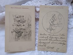 2 db antik hosszúcímzéses grafikus, gyerekmotívumos képeslap/üdvözlőlap Albert Hendschel rajzai 1899