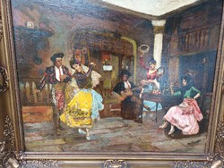 Antik Festmény Spanyol Flamenco Táncos Pár