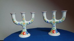 Two granite ceramic three-pronged candlesticks