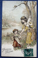 Antik  dombornyomott Húsvéti üdvözlő litho képeslap gyermekek nyuszival tojásos kosár erdei táj