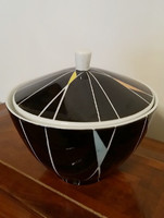 Retro porcelain sugar bowl with old art deco lid in black mid century bonbonier