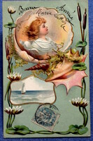 Antik szecessziós dombornyomott Újévi üdvözlő litho képeslap tündérke kagylók vízililiom tengeri kép