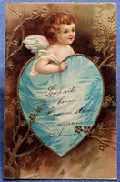 Antik dombornyomott  üdvözlő litho képeslap tündérke angyalka hatalmas szívvel arany ágak közt