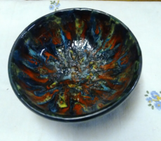 Three-legged glazed ceramic centerpiece, bowl, and bowl with retro striking colors