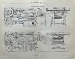 Antik 19.sz cséplőgépek I műszaki nyomat-papír- ábra,gépészet, mechanizmus