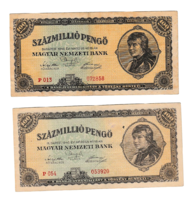 1946 - Százmillió Pengő bankjegy - P 013 és P 054 - 2 db-os Lot