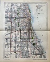 Antik 19.sz Chicago térkép színes nyomat- papír- földrajz, USA, Amerika, város, plakát
