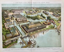 Antik 19.sz Cicagoi Colombus kiállítás színes litográfia nyomat- papír- USA, Amerika, épület