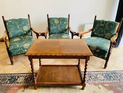 Tömörfa, faragott koloniál fotel szett (3 db) + dohányzóasztal, lakberendezés, szép állapotú