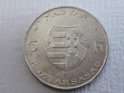 Hungary silver 5 HUF 1947 coin - Kossuth 1802-1894 Hungarian Republic 5 HUF coin