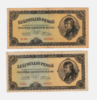 1946 - Százmillió Pengő bankjegy - P 204 és P 308 - 2 db-os Lot