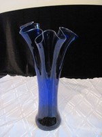 Retro fodros szélű kék üveg váza 33 cm