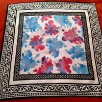 Italian silk scarf, pink and blue pattern with black and black edges