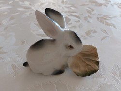 Old Zsolnay porcelain bunny rabbit with lettuce leaves