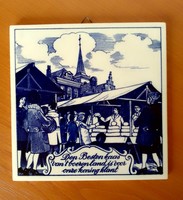 Blue and white Dutch-German ceramic earthenware decorative tile market scene cheese fair tent portrait, flawless