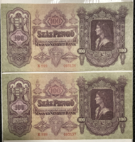 1930. 2 db sorszám követő 100 pengő szép, hajtatlan papír