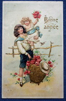 Antique embossed New Year greeting litho postcard children gold basket roses