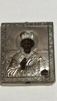 Régi  orosz ikon  84 jelzett, reprodukció XX közepe század ezüst keretben."Szent Miklós"