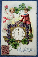 Antique embossed New Year greeting litho postcard children gold clock 4-leaf clover violet