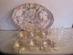 Coffee set + tray 34 x 24 cm + hand crocheted tablecloth - 5 extra Jena glasses - German - flawless