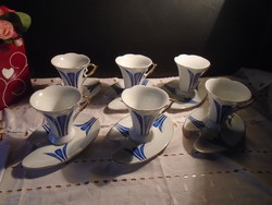 Szépséges régi 6 db-os reggeliző szett kézi festésű porcelán kávézó teázó