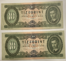 2 db sorszám követő ,1962-es 10 forintos, szép papír (3)