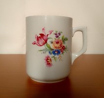 Antik régi virágos Zsolnay porcelán bögre csésze pohár, tulipán rózsa, jelzett, pajzspecsétes