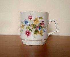 Virágos Zsolnay porcelán bögre csésze pohár, színes tavaszi virágok, jelzett,