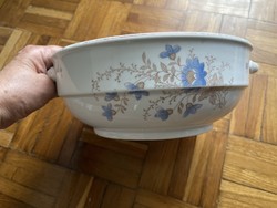 Antik kétfüles kék virágos porcelán nokedlis tál