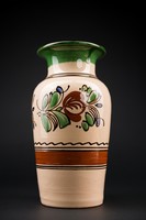 Mázas kerámia váza, nagy méretű, jelzett, kézzel festett