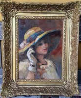 Fk/235 - painting by Béla Márton - girl with a yellow hat