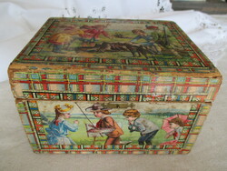 More than 100-year-old wooden box wallpapered with pictures depicting children's scenes from the period