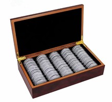 50 46 mm coin capsules with foam insert, in a wooden box