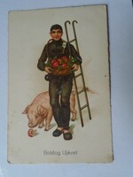 D191264 old postcard - happy new year - chimney sweep pig - mushroom - clover