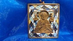 Antik Orosz bronz  körben zománcozott ikon ,Szent Miklós