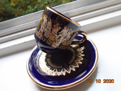 Hand painted gold, silver and colored enamel with Greek mythological frieze designs, mocha cup with coaster